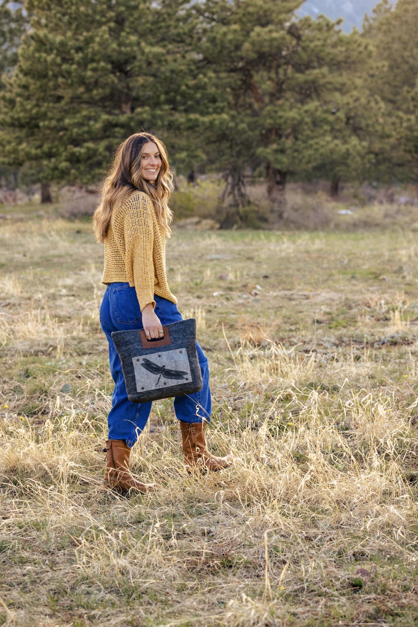 Felt and Leather Tote Bag with Buttons