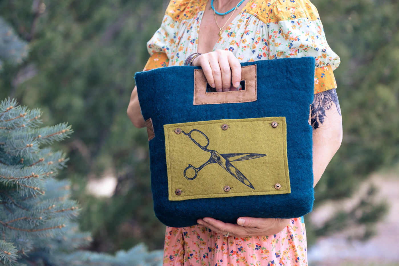 Felt and Leather Tote Bag with Buttons
