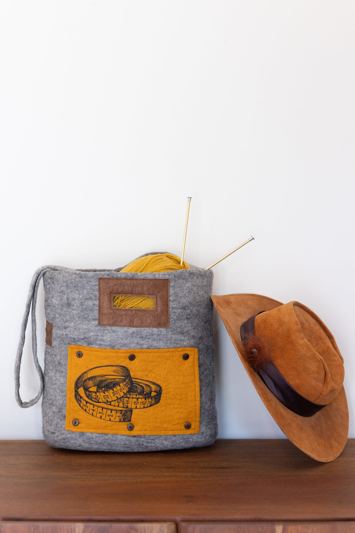Felt and Leather Tote Bag with Buttons