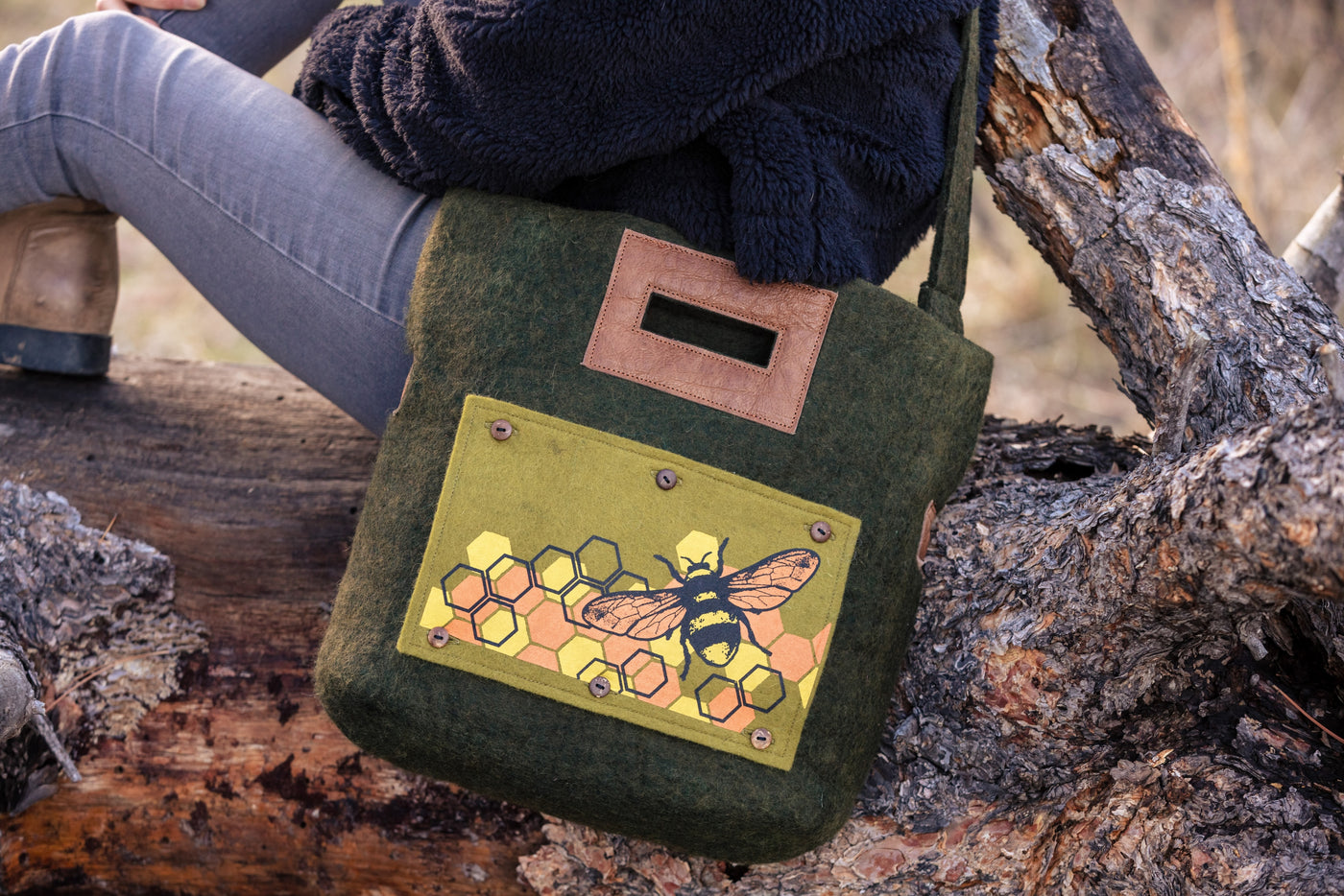 Felt and Leather Tote Bag with Buttons