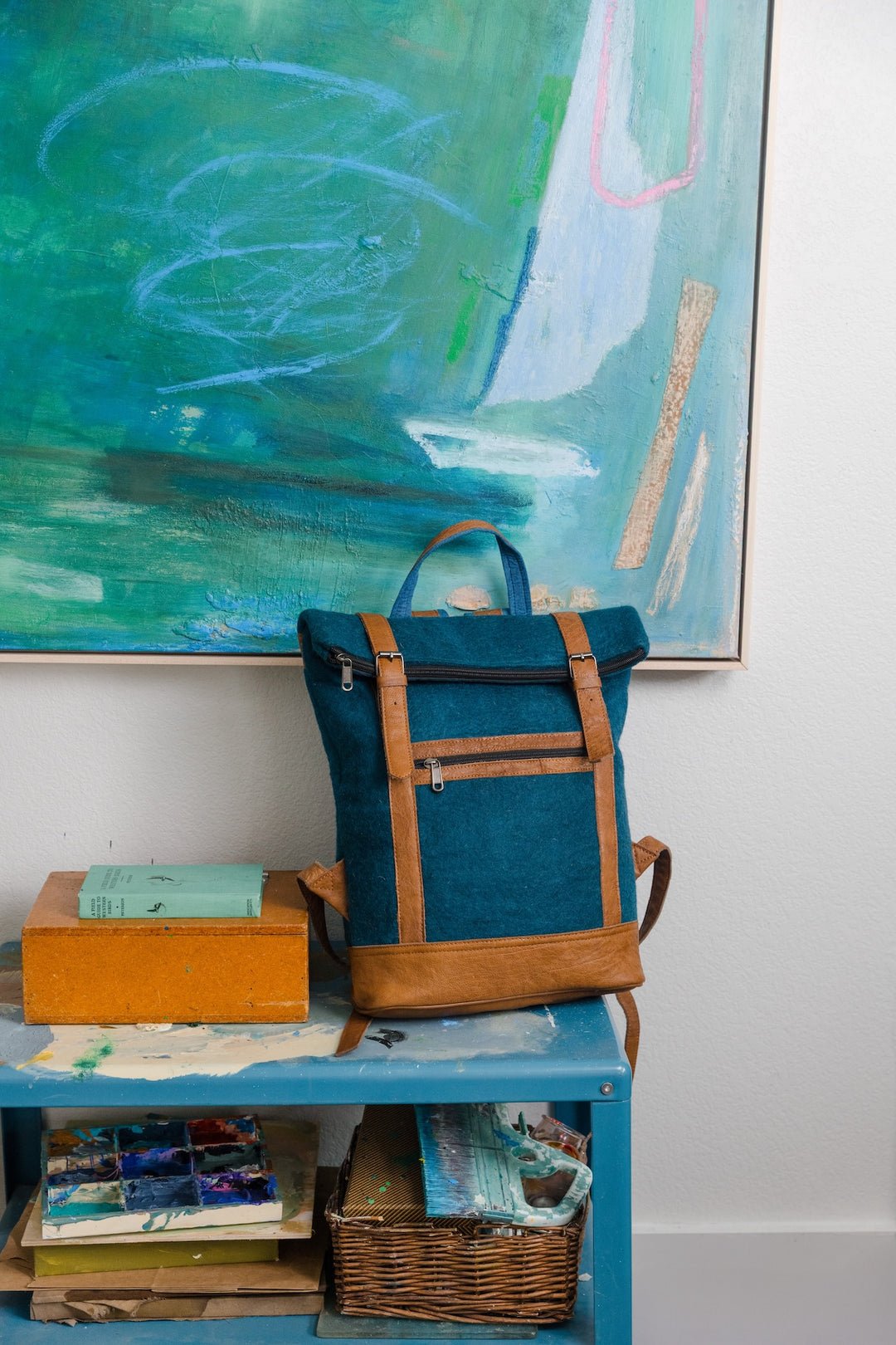 aqua leather backpack Felt & Natural Leather Backpack